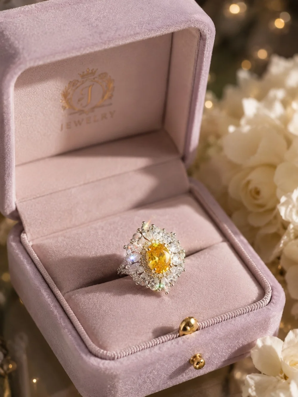 : 925 Sterling Silver Yellow Cubic Zirconia Statement Ring – Crystal Stones